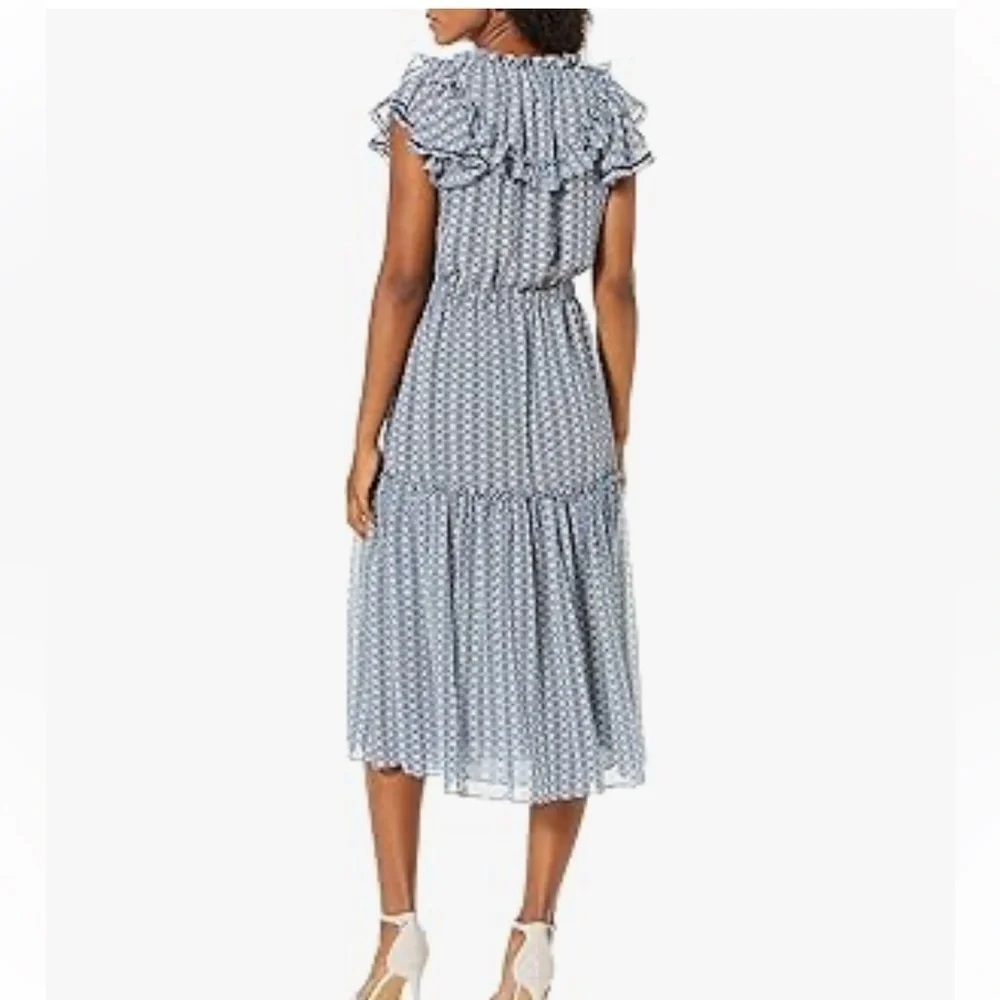 MISA Los Angeles Melissa Dress Blue Geometric Printed Chiffon Ruffled - Picture 3 of 7